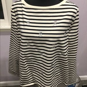 Betsey Johnson Black and White Striped Long Sleeve Tee with Skull Embroidery